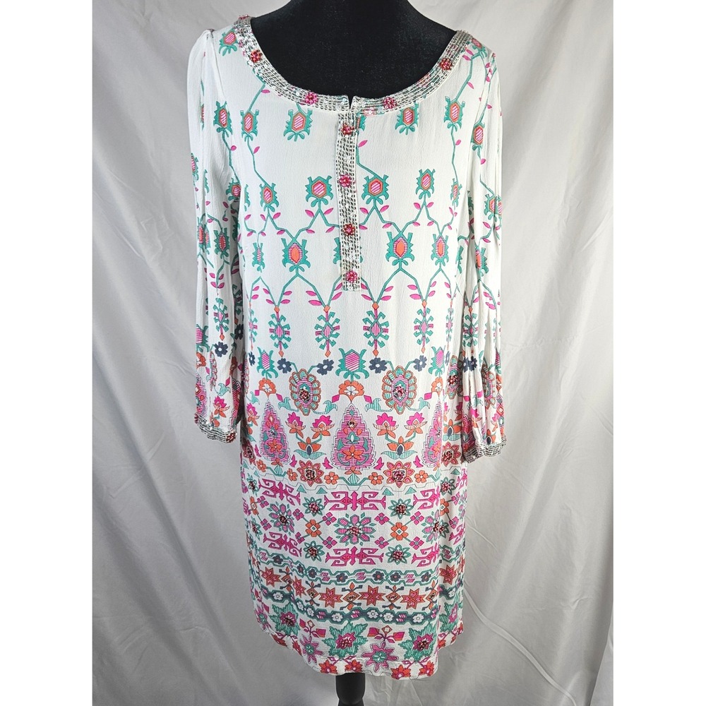 VTG Y Baraschi Sz 12 Viscose Embellished Boho‎ Dress Anthropologie Floral Shift